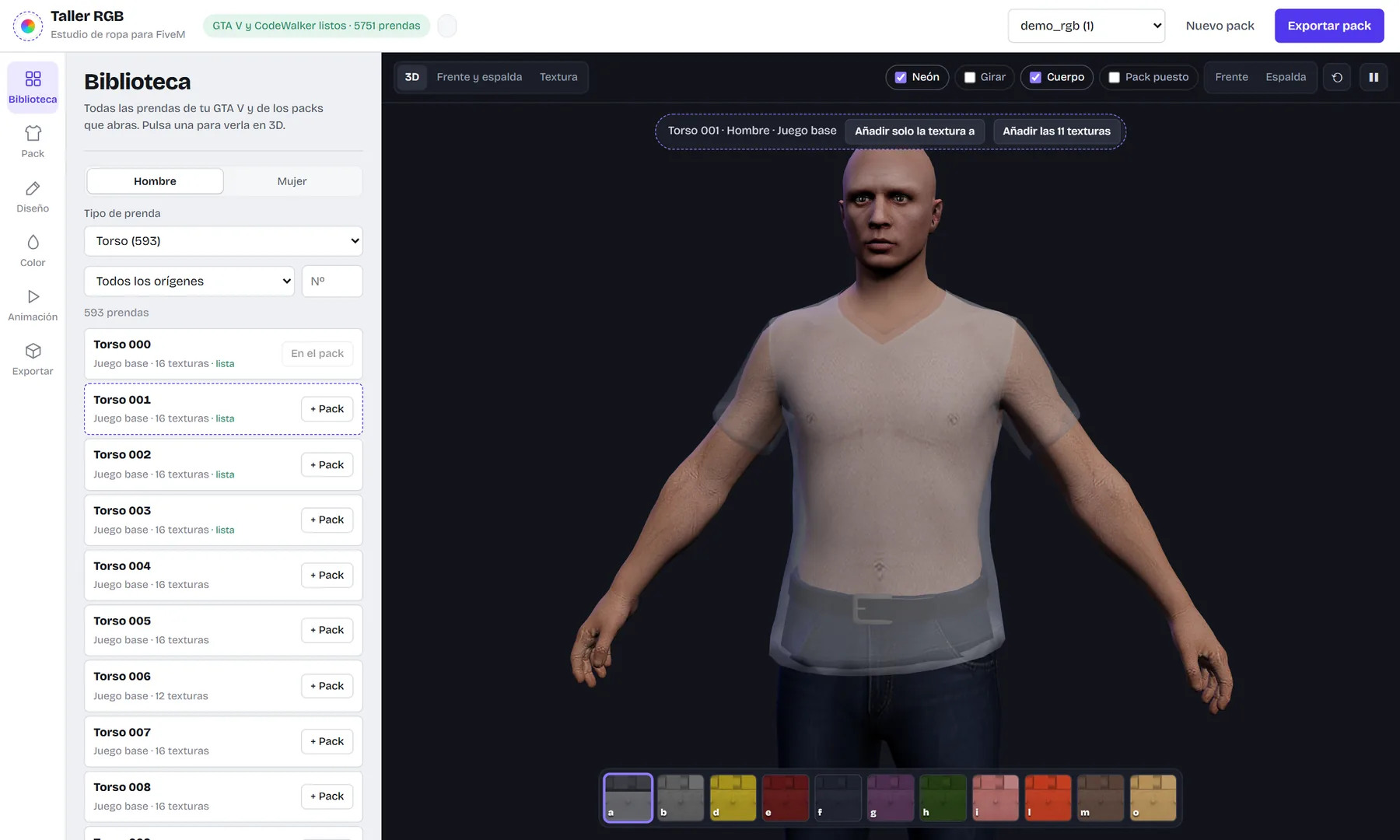 Biblioteca del Taller RGB con una camiseta del juego puesta en un personaje en 3D y sus variantes de color